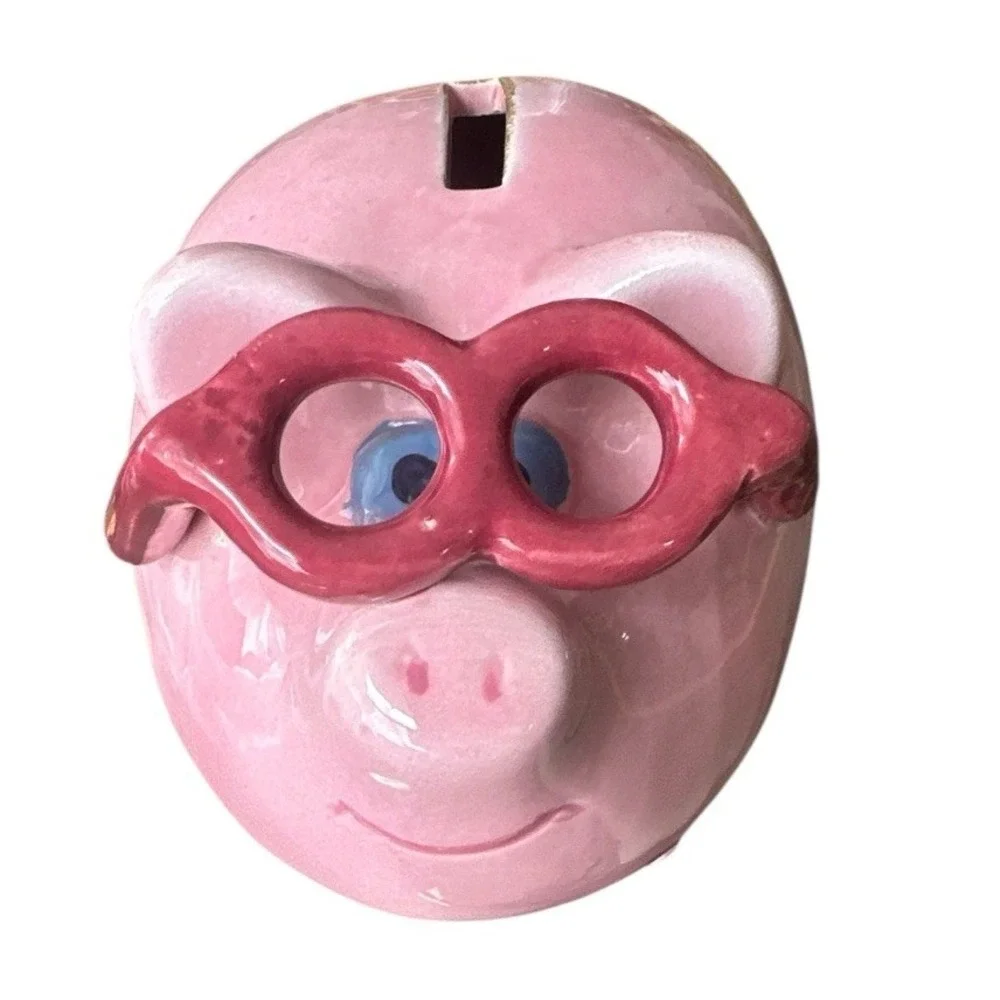 Ceramic‎ Coin Bank With Plug Rubber Pink Pig Wearing Pink Glasses Collector